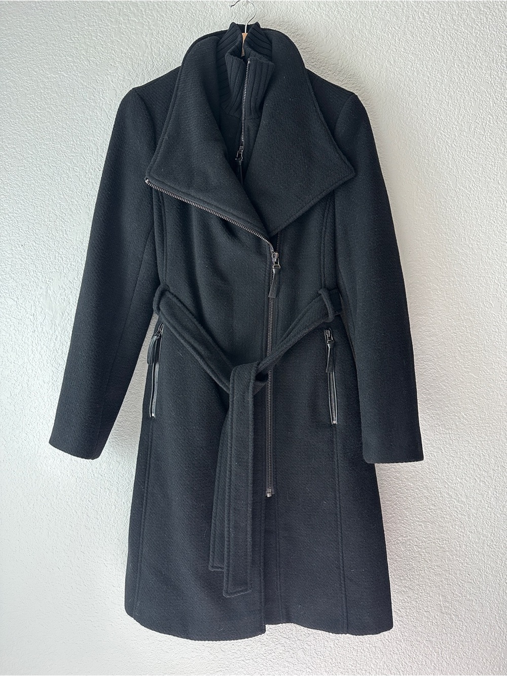 Calvin Klein - Black Belted Long Trench Coat with Asymmetric Zip - Size M NWOT